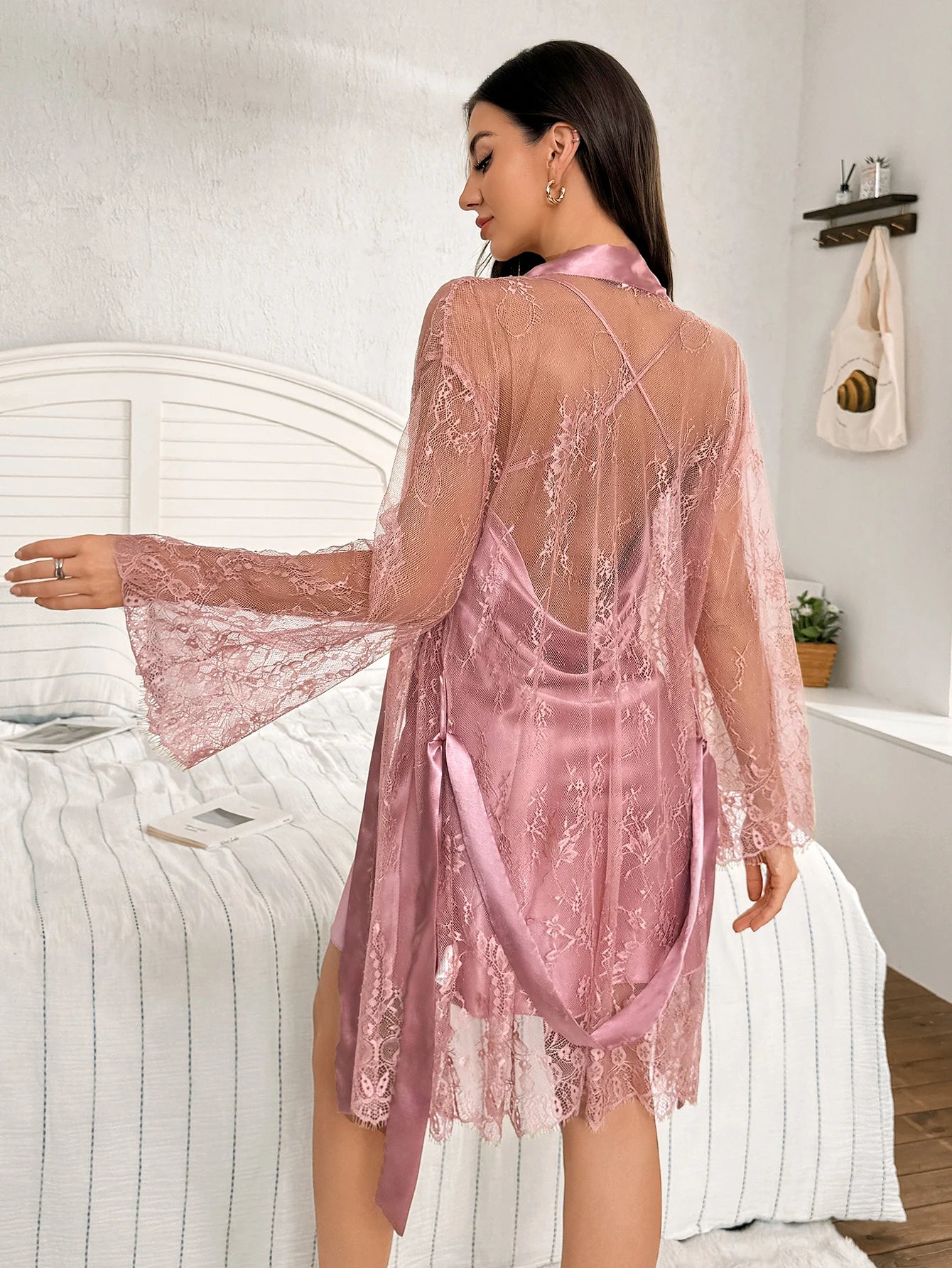 Chemise de nuit en polyester de couleur unie, robe transparente en dentelle, ensemble 2 pièces