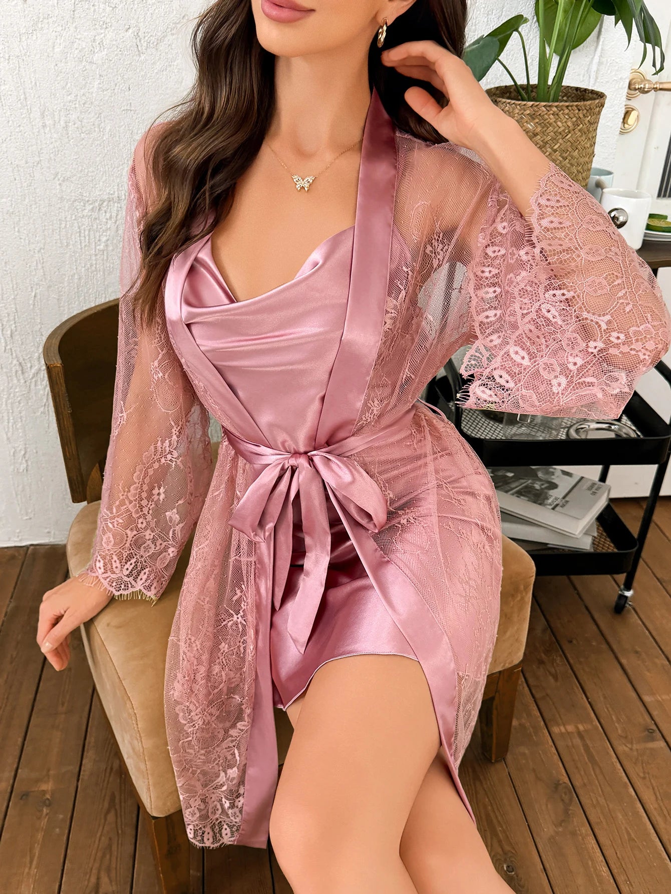 Chemise de nuit en polyester de couleur unie, robe transparente en dentelle, ensemble 2 pièces